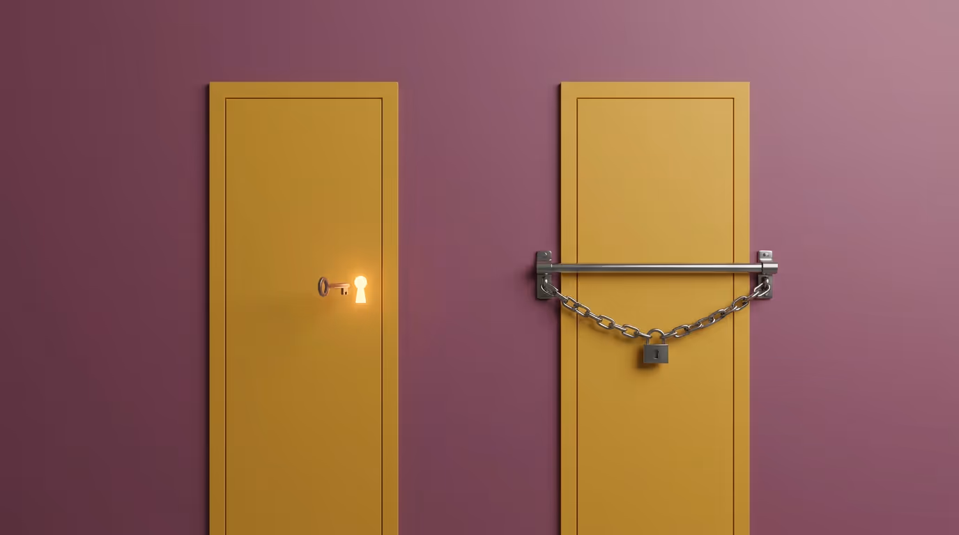 Two mustard doors on a plum wall, one keyhole glowing with a key, the other chained shut