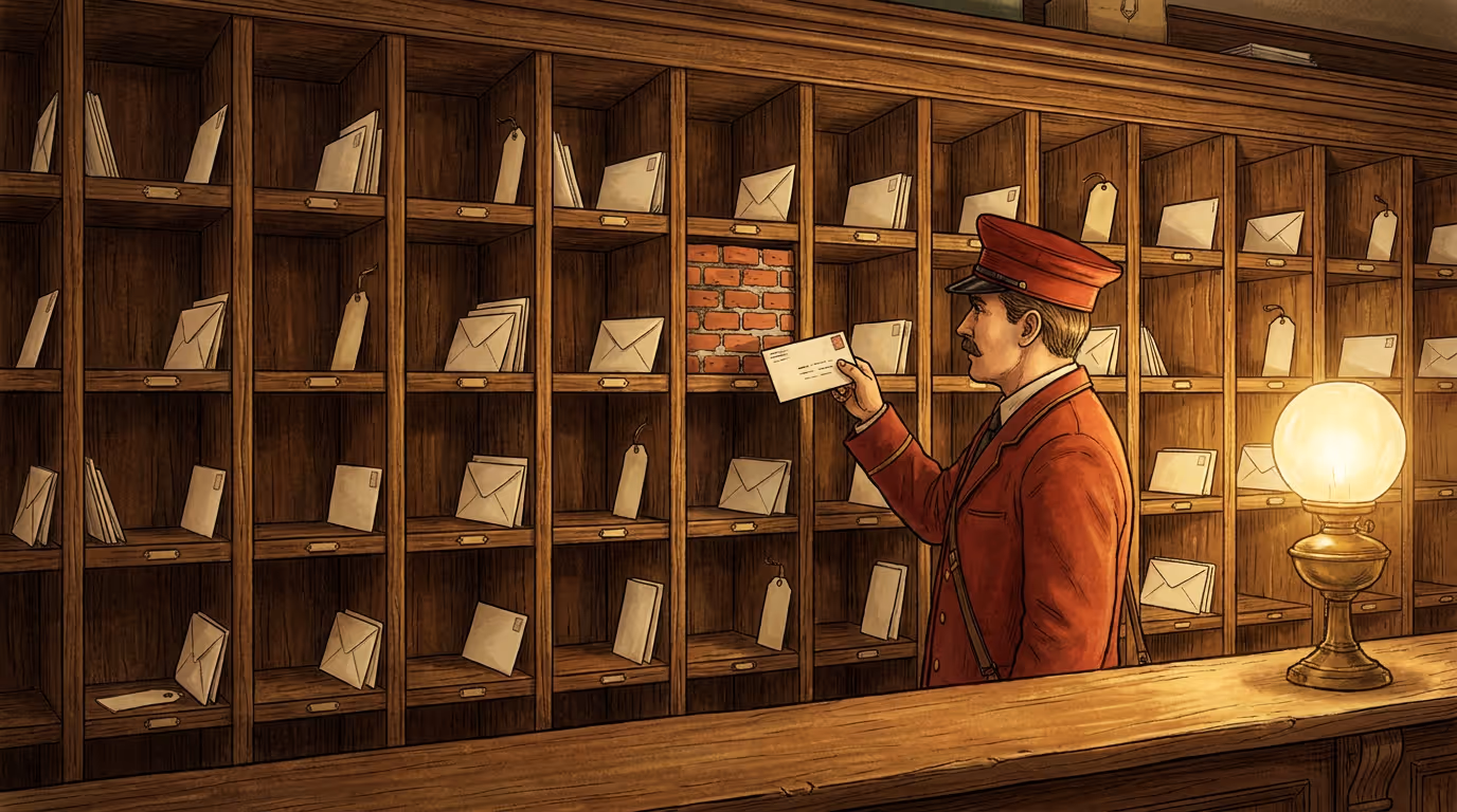 A postman facing a wall of pigeonholes where one slot has been bricked up