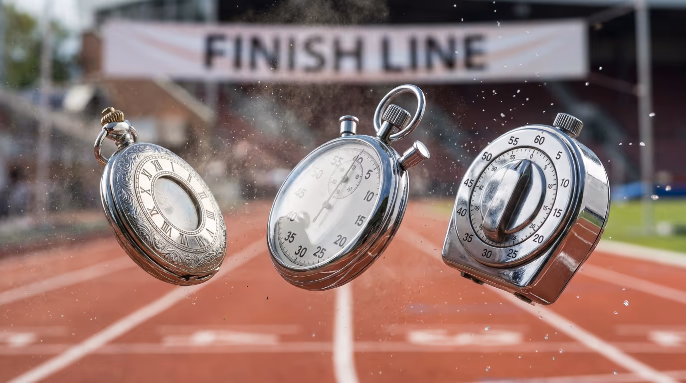 Three vintage chrome stopwatches frozen mid air above a running track finish line