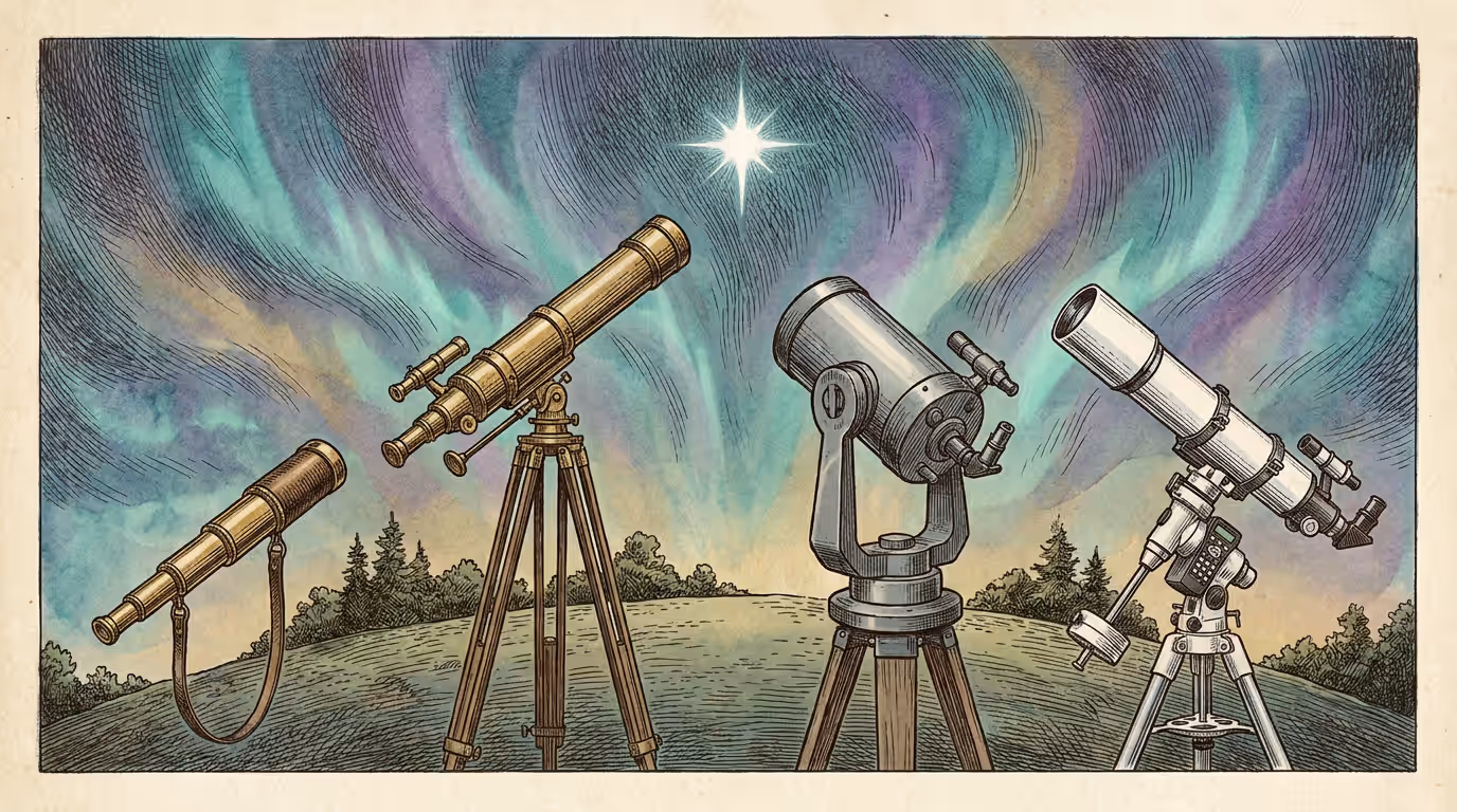 Four telescopes from four different eras all aimed at the same bright star under an aurora