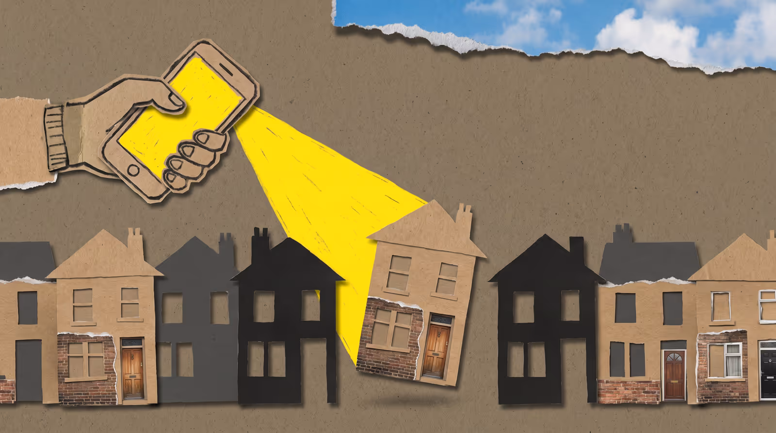 Cut paper collage of a hand shining a torch beam across a row of terraced houses