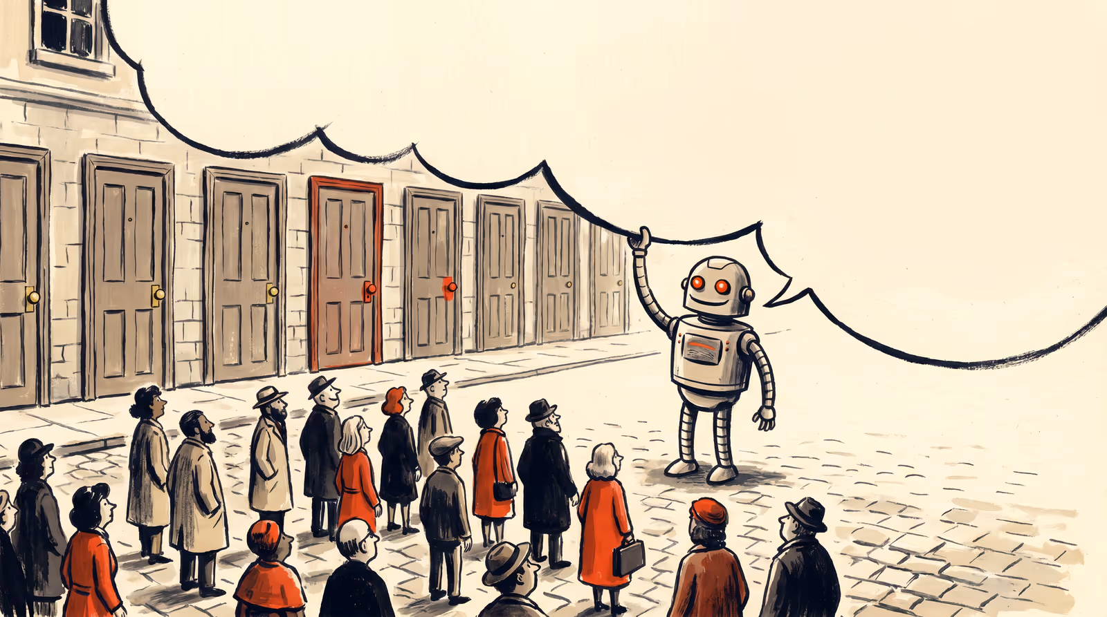 Illustration of a robot holding speech bubbles while a queue of people waits at a row of doors