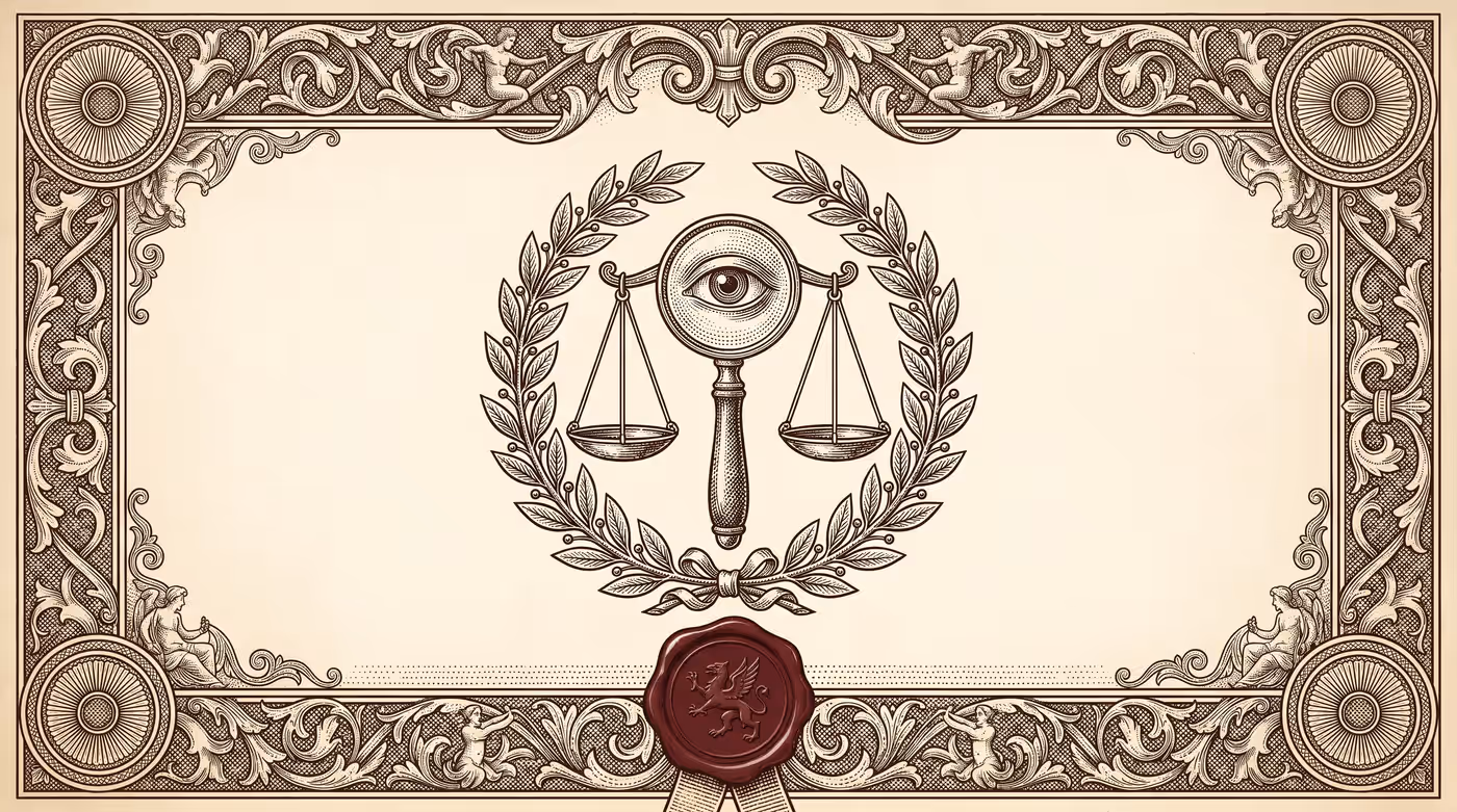 Engraved crest of scales of justice beneath a magnifying glass, framed by a laurel wreath and wax seal