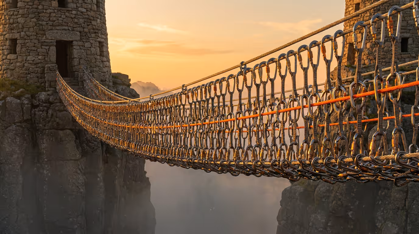 A rope bridge built from carabiners and steel cable spanning a gorge between two stone towers at sunset