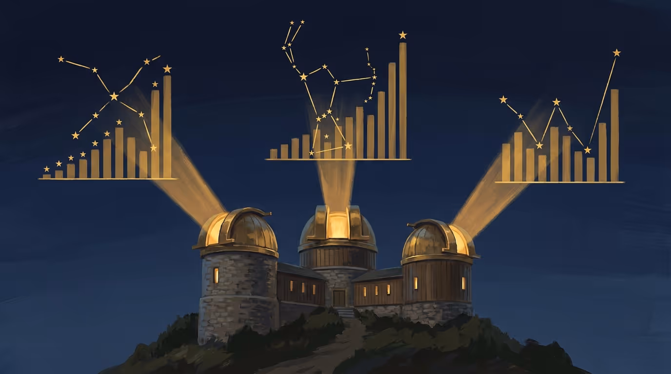 Three hilltop observatory domes at night, their beams tracing bar chart constellations