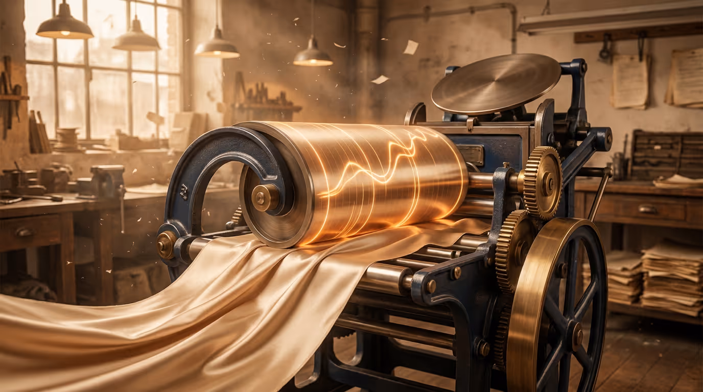 A vintage letterpress printing glowing chart curves onto flowing champagne silk