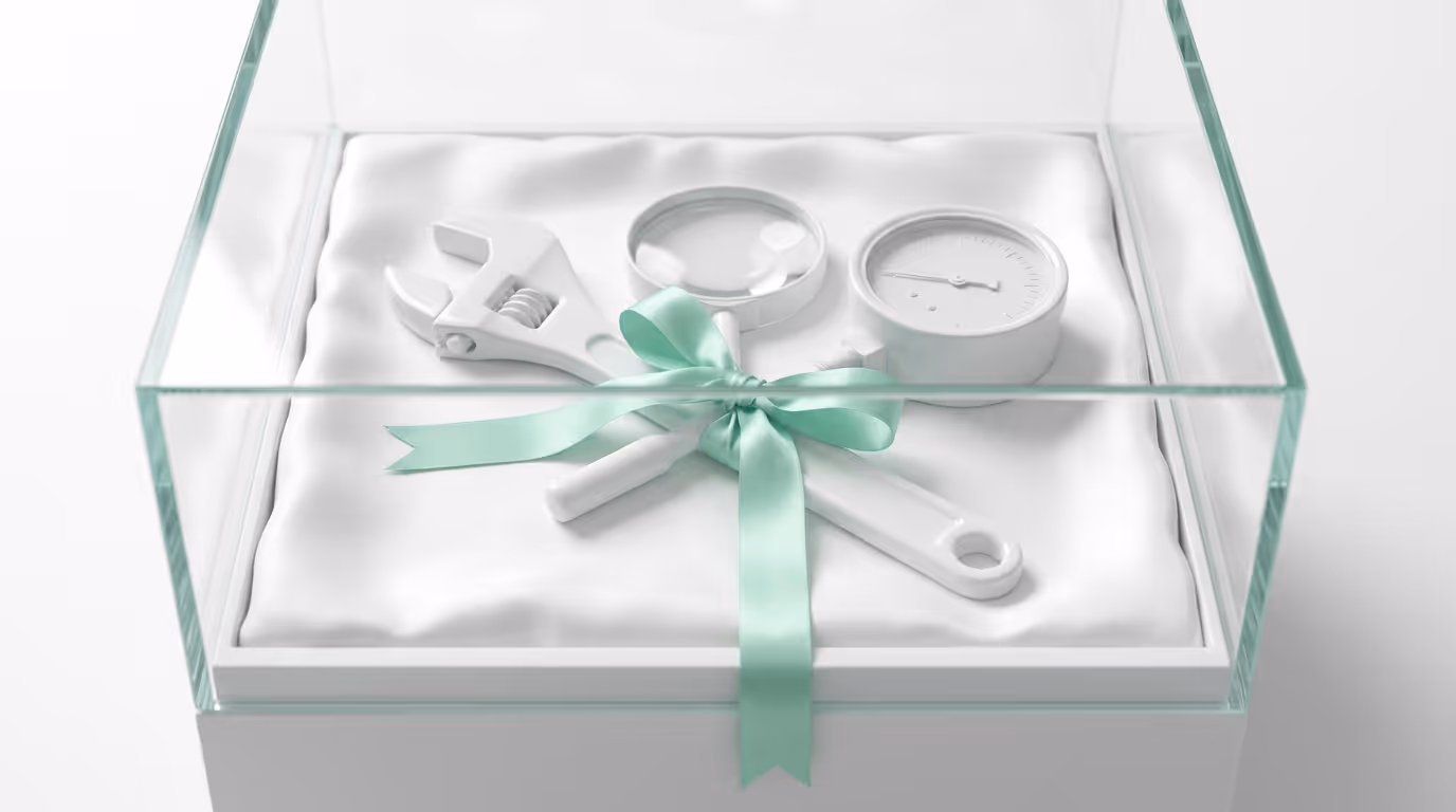 White porcelain tools on white silk inside a glass case, tied with a mint green ribbon