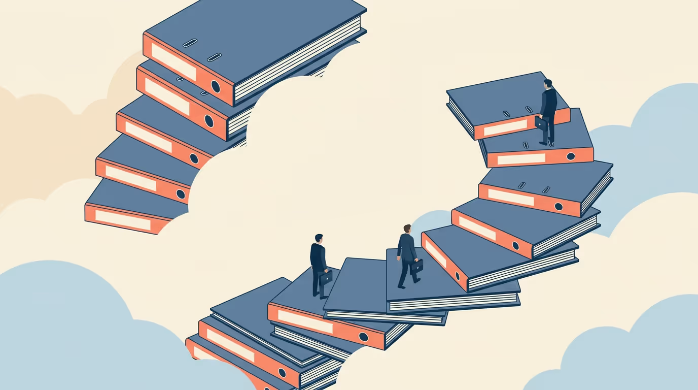 Isometric staircase built from stacked report folders with small figures climbing it