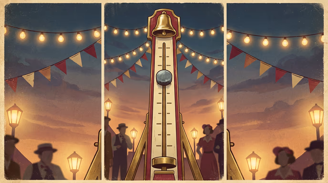 A fairground high striker tower at dusk with the puck frozen partway up toward the bell