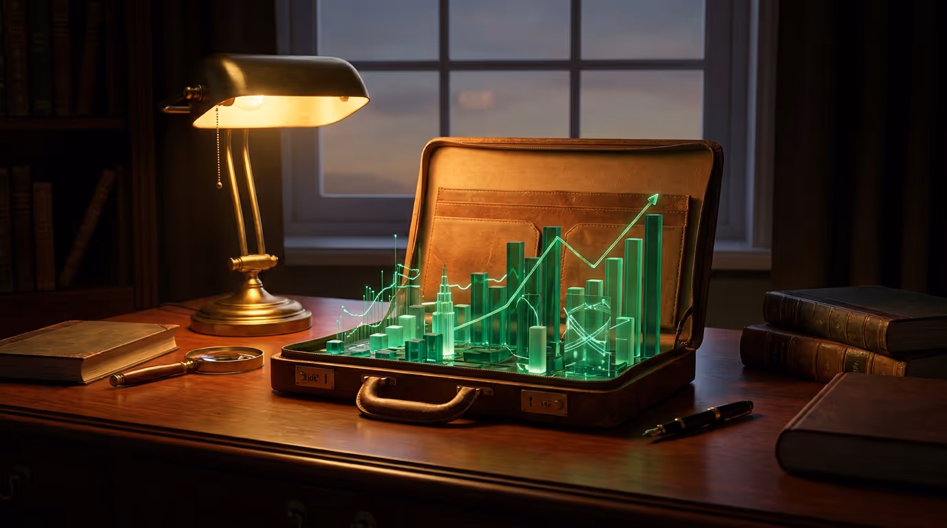 An open leather portfolio on a desk revealing a miniature city of glowing emerald charts