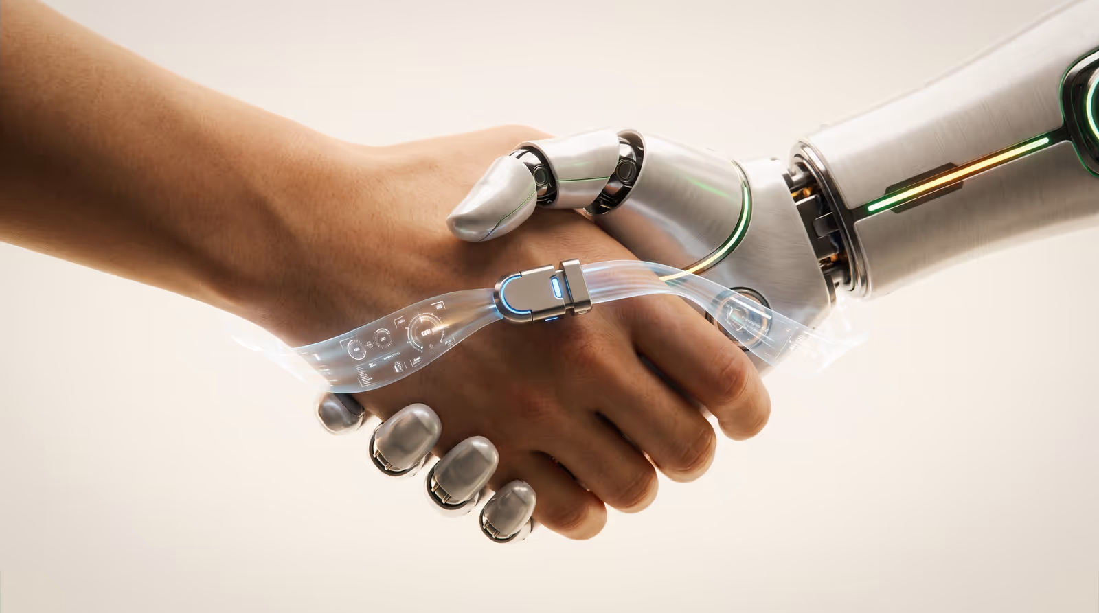 A human hand and a robotic hand shaking, wired together at the wrist
