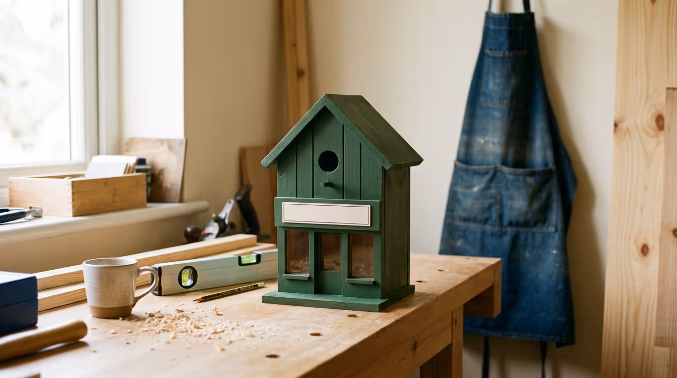 A hand built wooden birdhouse shaped like a small shopfront on a workshop bench