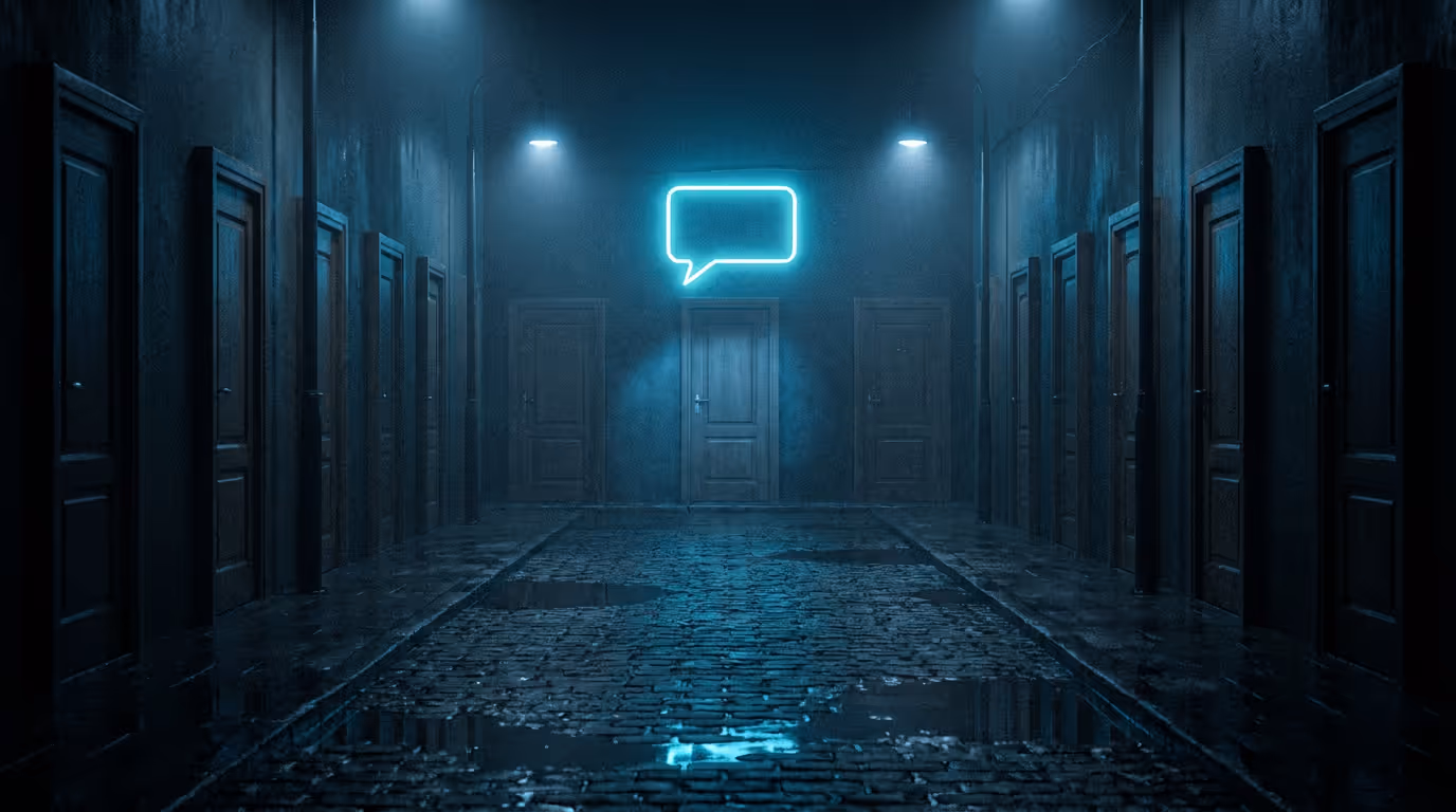 A rain slicked street of dark doors with one glowing cyan speech bubble sign above a single doorway