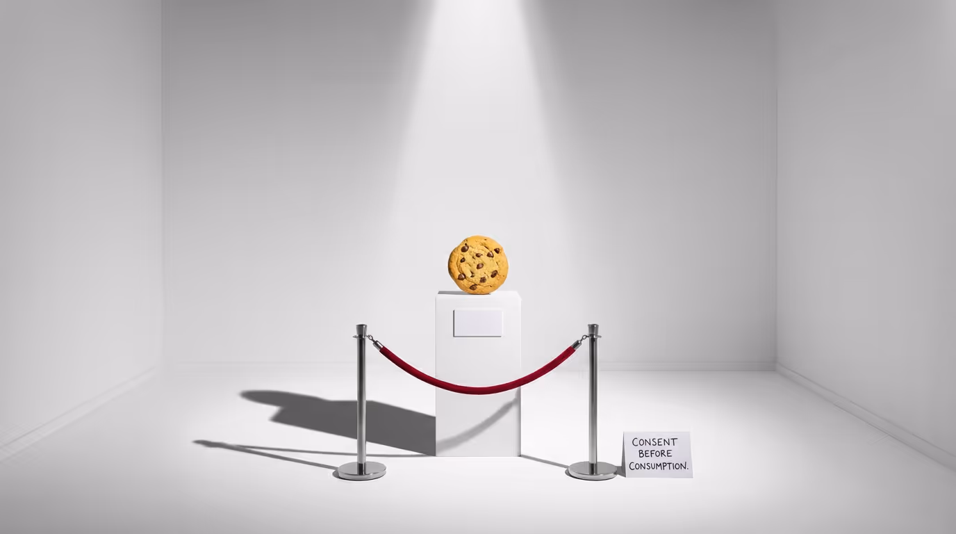 A single biscuit displayed on a gallery plinth behind a velvet rope under a spotlight