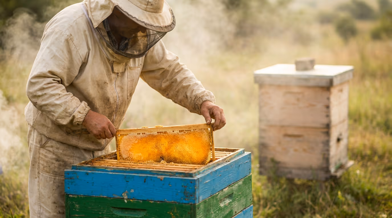 A beekeeper lifting a full honeycomb frame from a hive, a quieter hive behind them