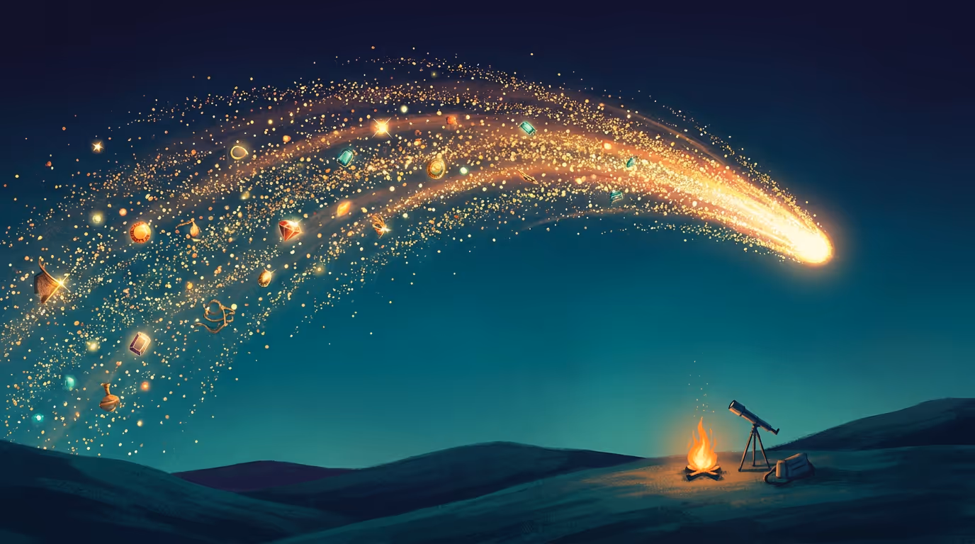 A comet crossing a teal night sky, its long tail breaking into thousands of glittering particles