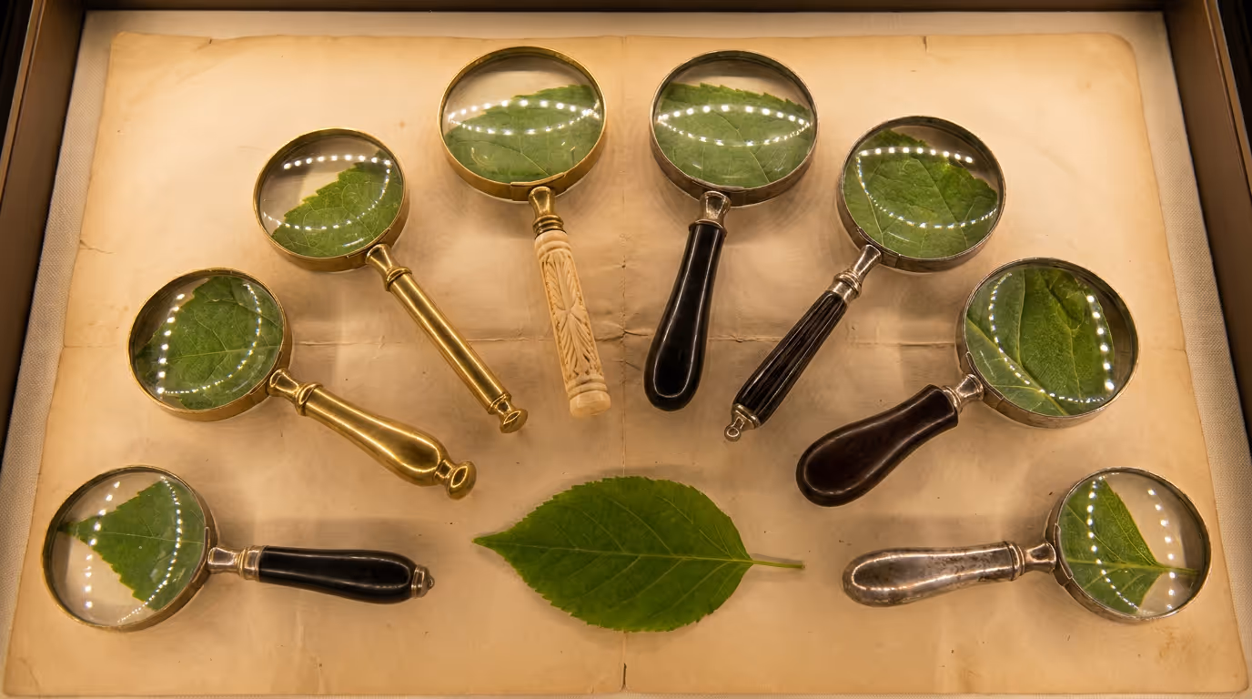 Eight mismatched vintage magnifying glasses arranged around a single green leaf