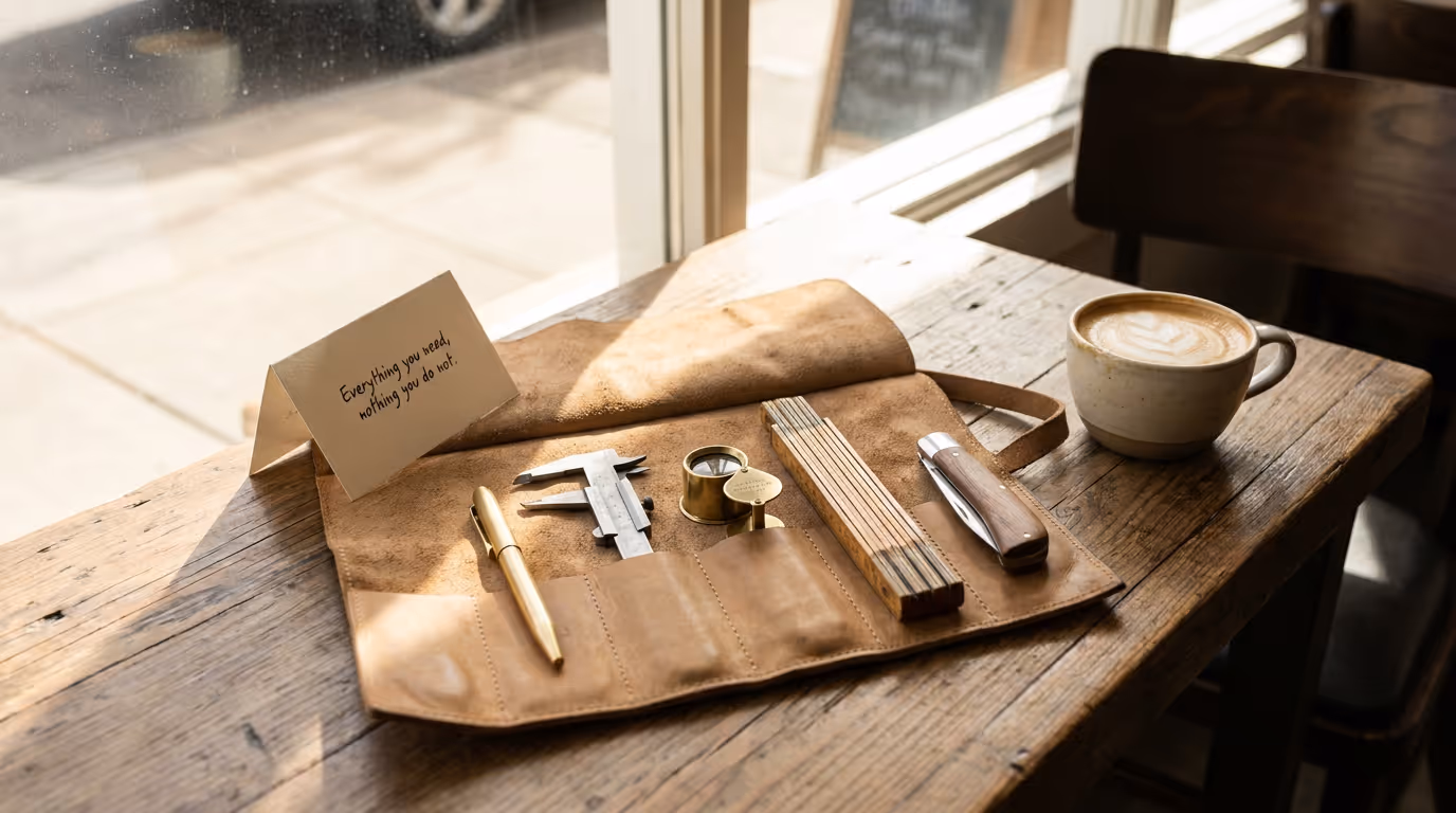 A leather tool roll opened on a cafe table beside a coffee, holding five essential instruments