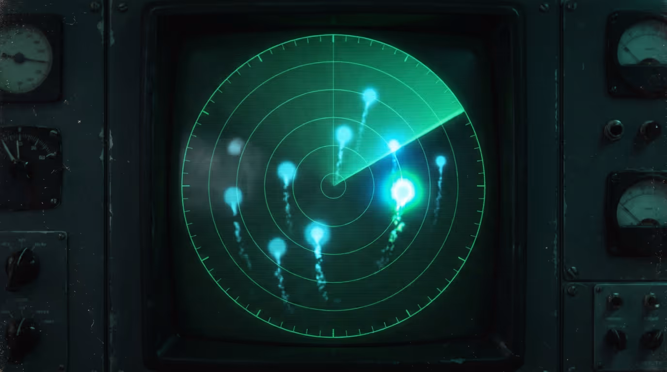 A retro green sonar screen with several bright echo pings rising at different distances