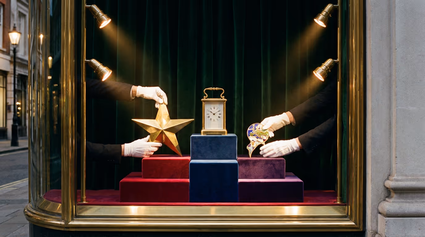 Gloved hands arranging a brass star and a carriage clock on velvet plinths in a shop window