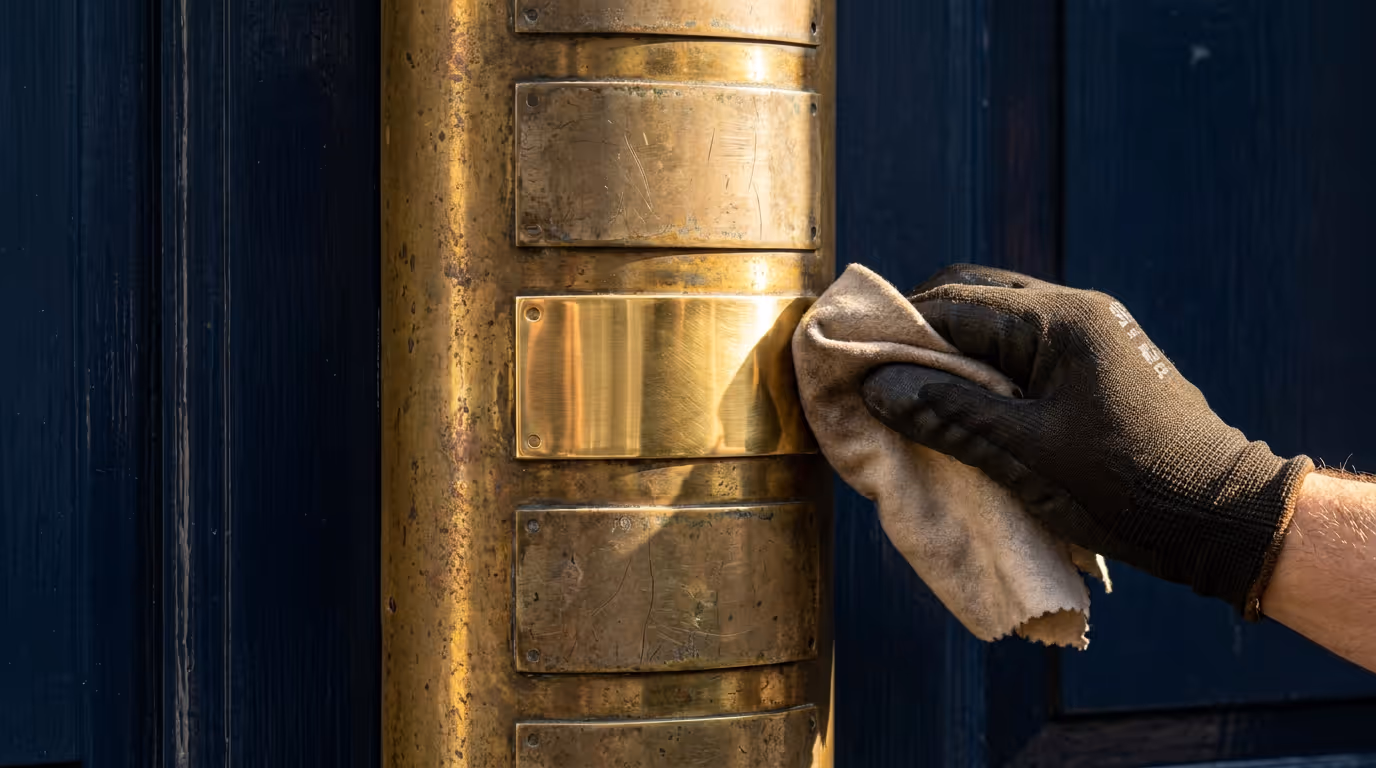A gloved hand polishing one brass nameplate on a navy Georgian door