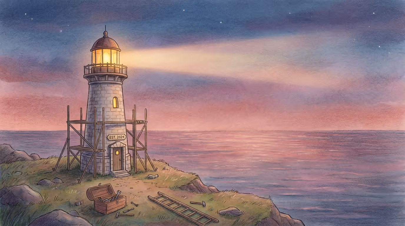A newly built lighthouse at dusk with its lamp lit for the first time, toolbox still at its base