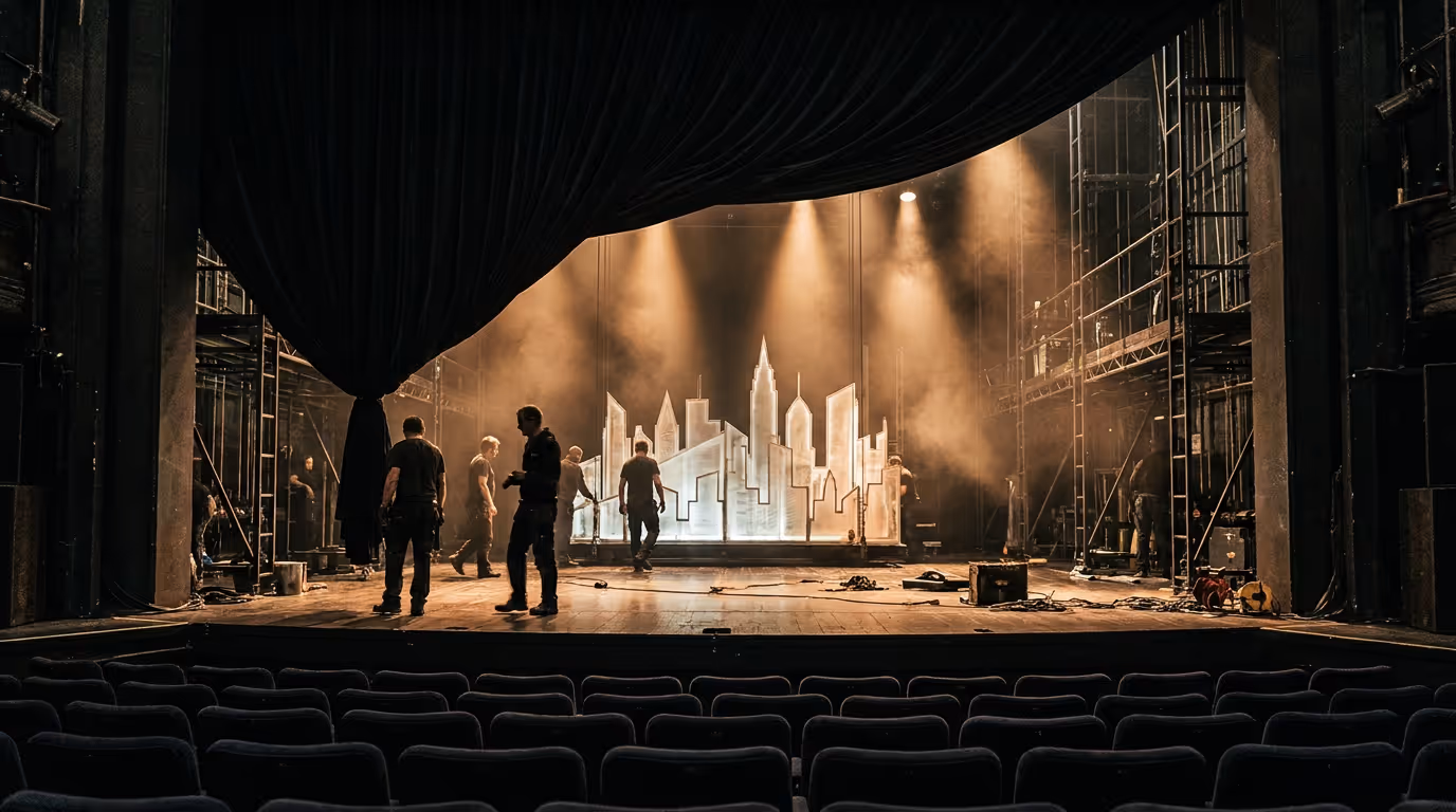 Stagehands assembling a glowing city skyline set piece behind a half raised theatre curtain