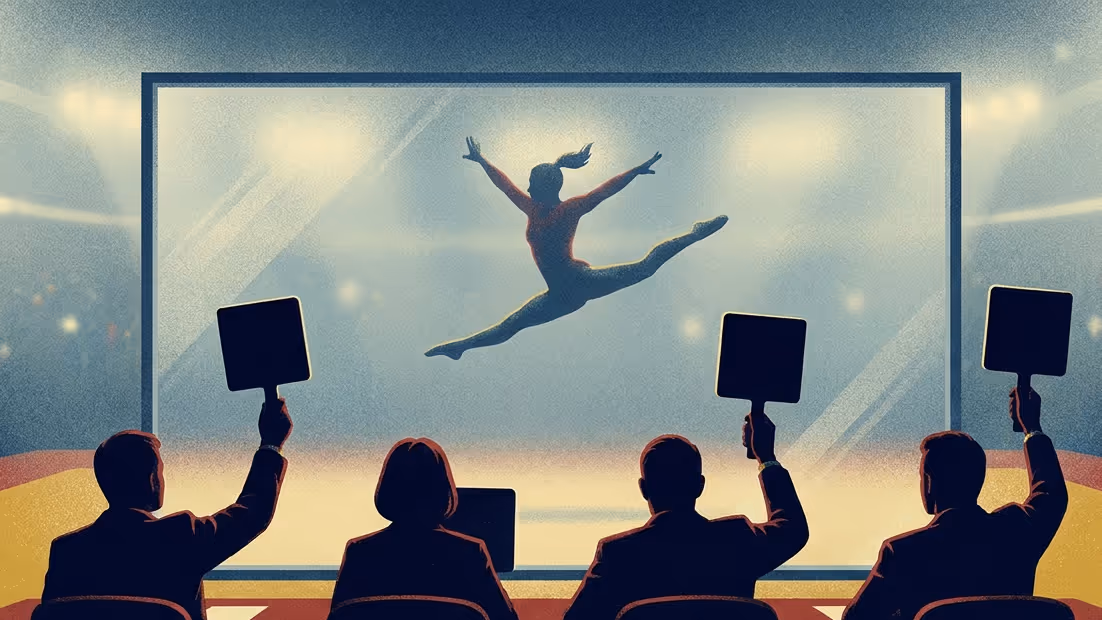 A gymnast mid vault while four silhouetted judges raise blank scoring paddles at different angles
