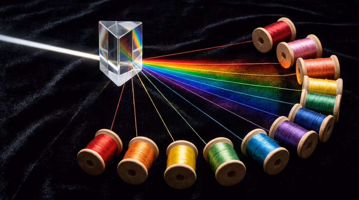 A glass prism splitting white light into coloured threads winding onto wooden spools