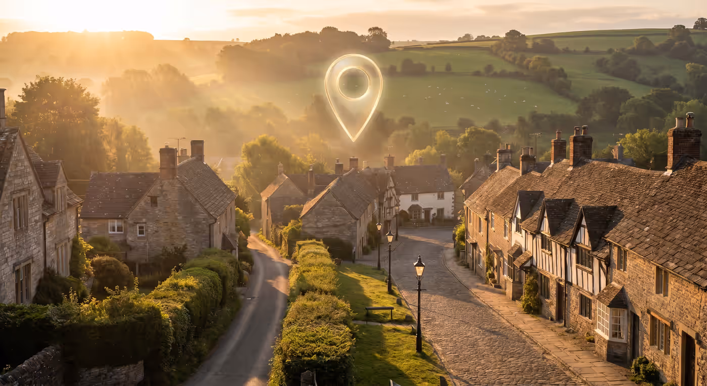 A Cotswold village high street at golden hour with a glowing map pin above it