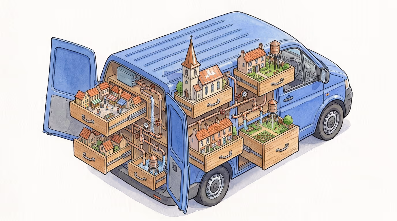 A blue trade van opened like a dollhouse, each drawer holding a miniature town scene