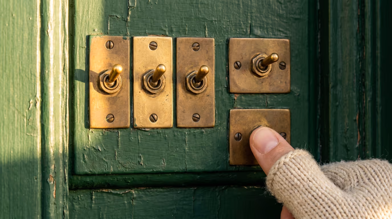 Five brass toggle switches on a green door, four flipped up and a finger about to flip the last