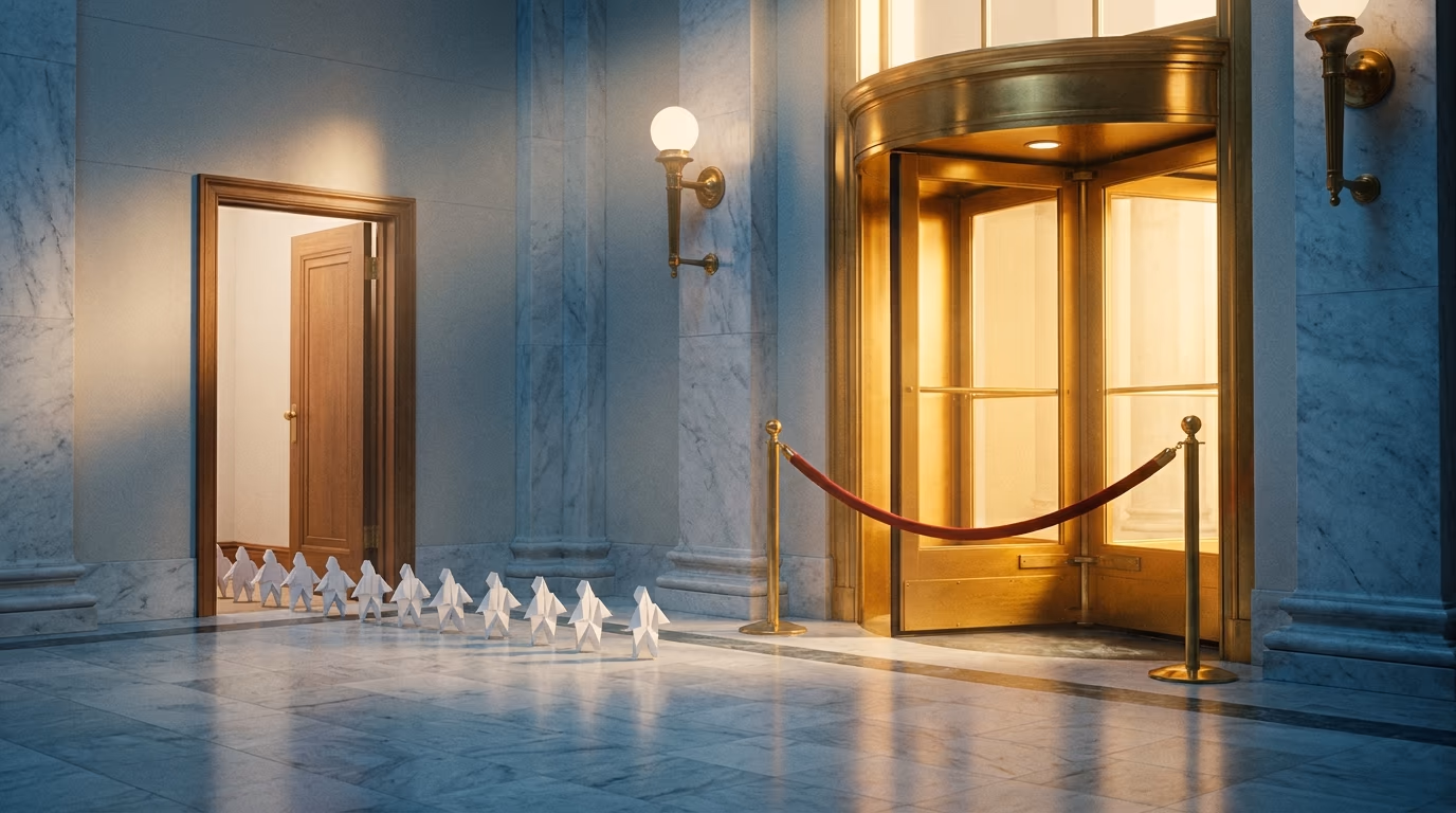 White paper figures file into an open timber door beside a gilded revolving door roped off in red