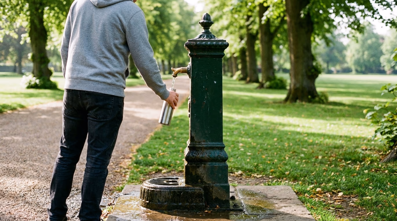 A person in a grey hoodie filling a steel bottle at a dark green cast iron park fountain