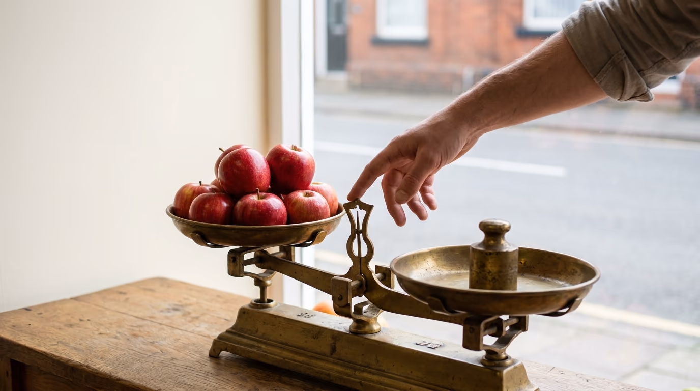 A fingertip touching the top of brass scales, red apples in one pan and a weight in the other