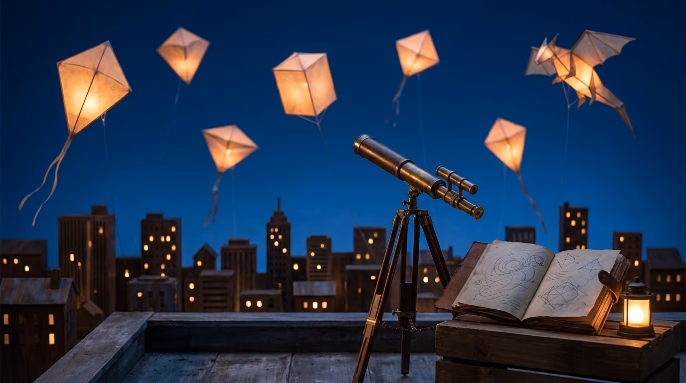 A brass telescope and open sketchbook on a wooden deck, paper kites glowing over a miniature city