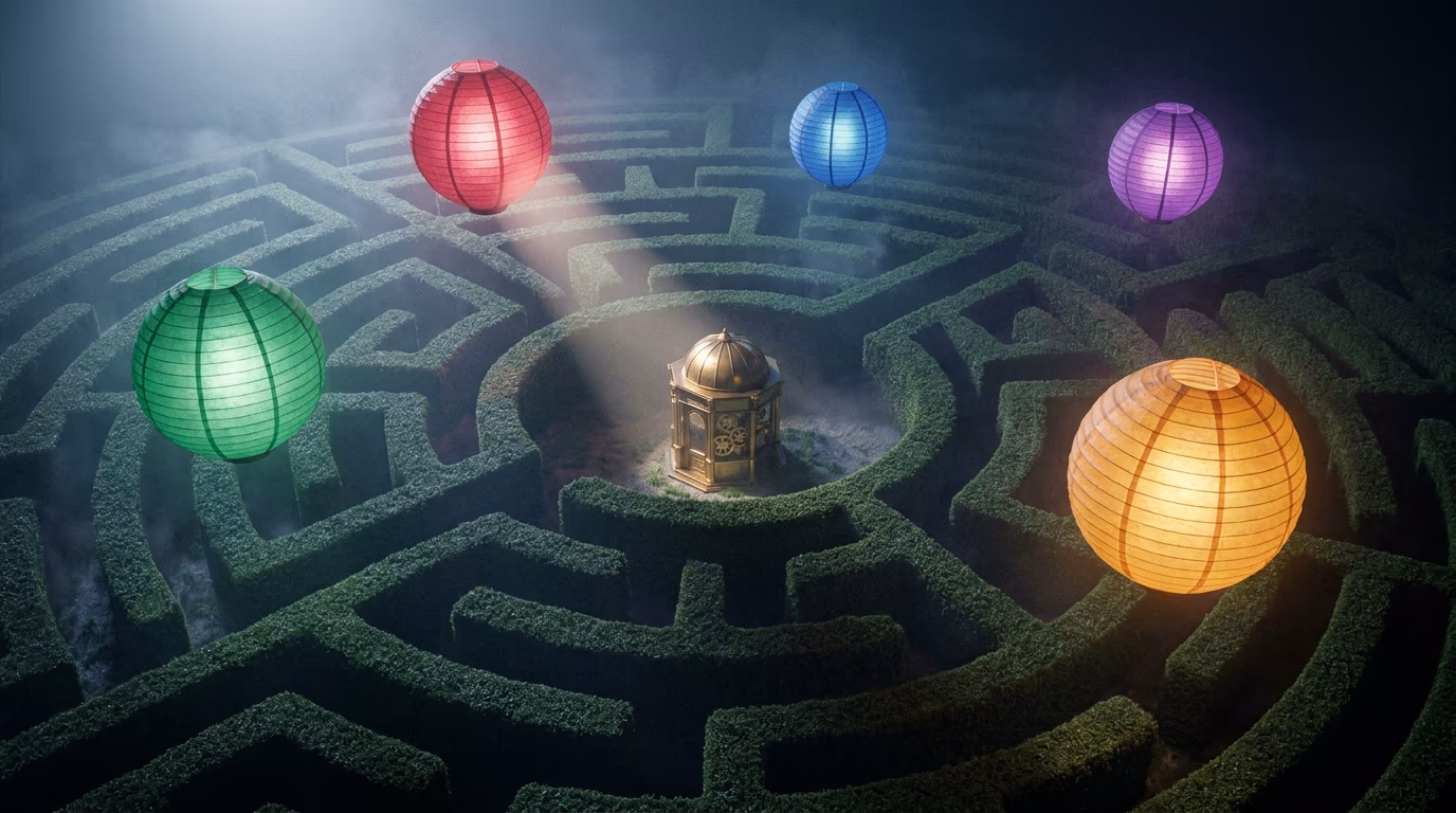 Red, blue, purple, green and orange lanterns glowing above a misty hedge maze, a brass lantern at its centre