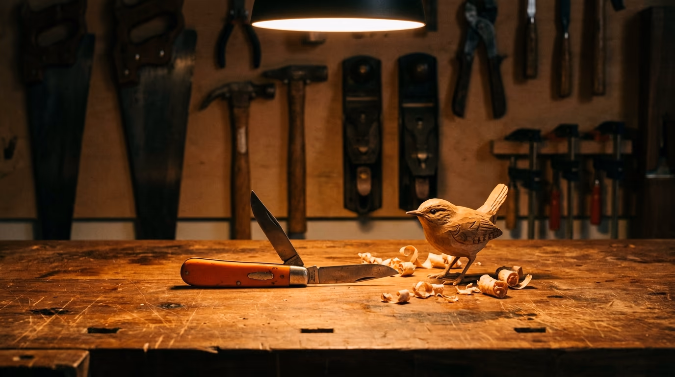 An open orange-handled knife and a carved wooden bird in shavings below a wall of hanging tools