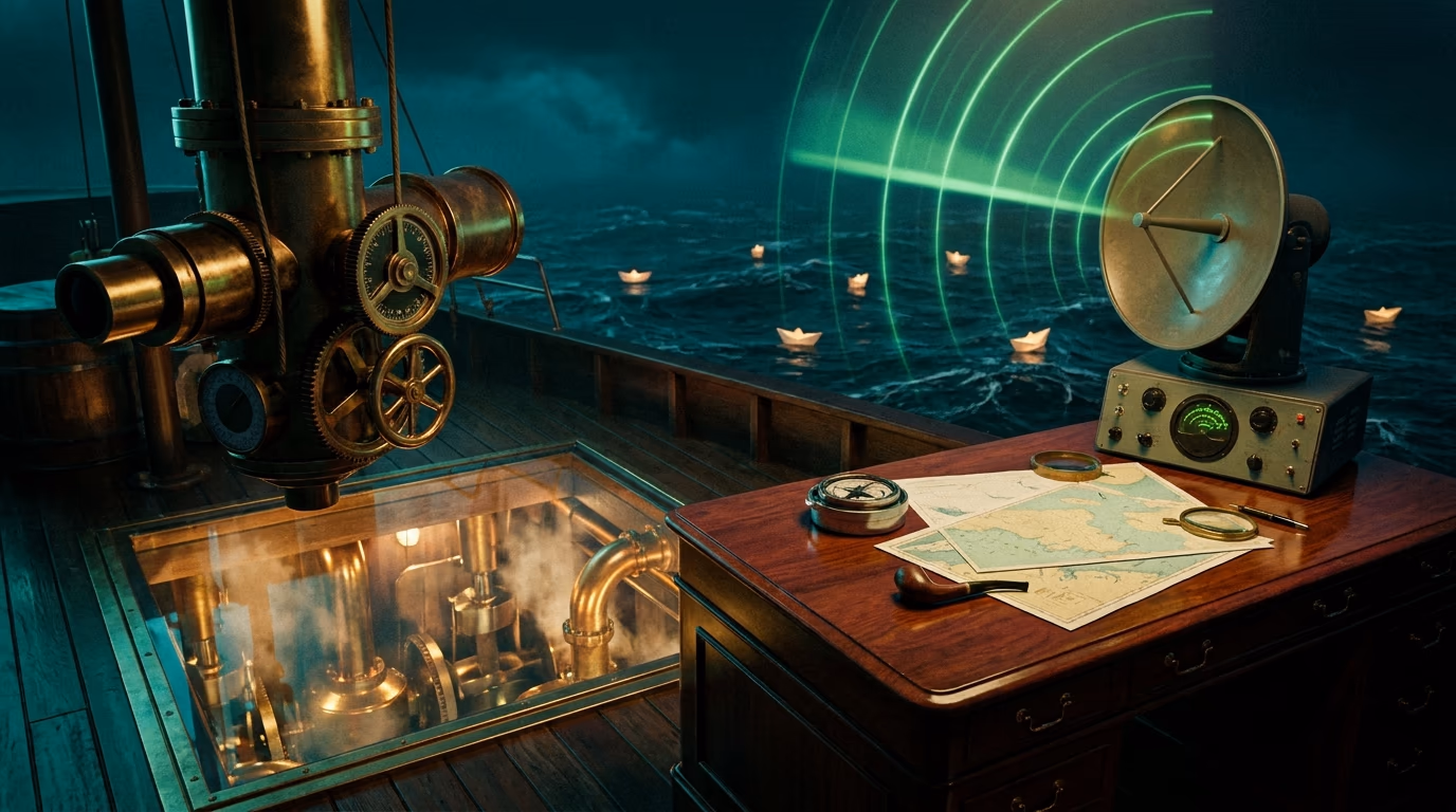 A brass periscope and dish antenna on a chart desk, green arcs sweeping paper boats on a dark sea