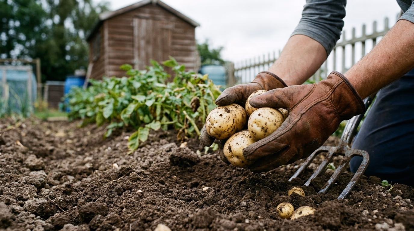 Gloved hands cupping pale muddy potatoes above dark soil, a garden fork and wooden shed behind