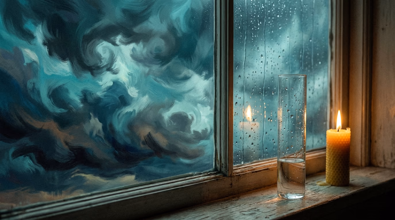 A glass cylinder of water and a lit candle on a weathered sill, teal clouds beyond the wet pane