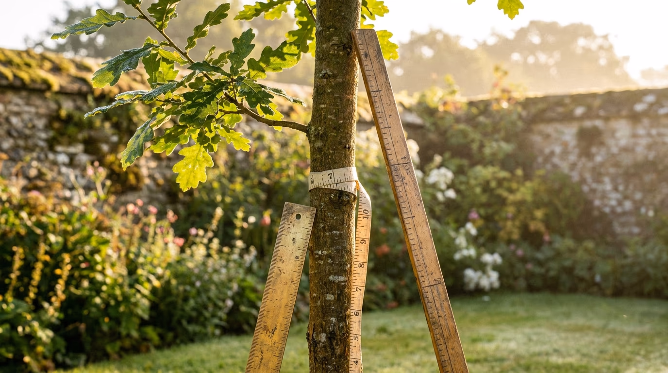 Three wooden rulers propped around a young oak trunk wrapped with a white cloth tape in a walled garden