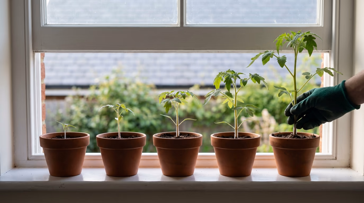 Five terracotta pots on a white sill, each seedling taller than the last, a green gloved hand at the tallest