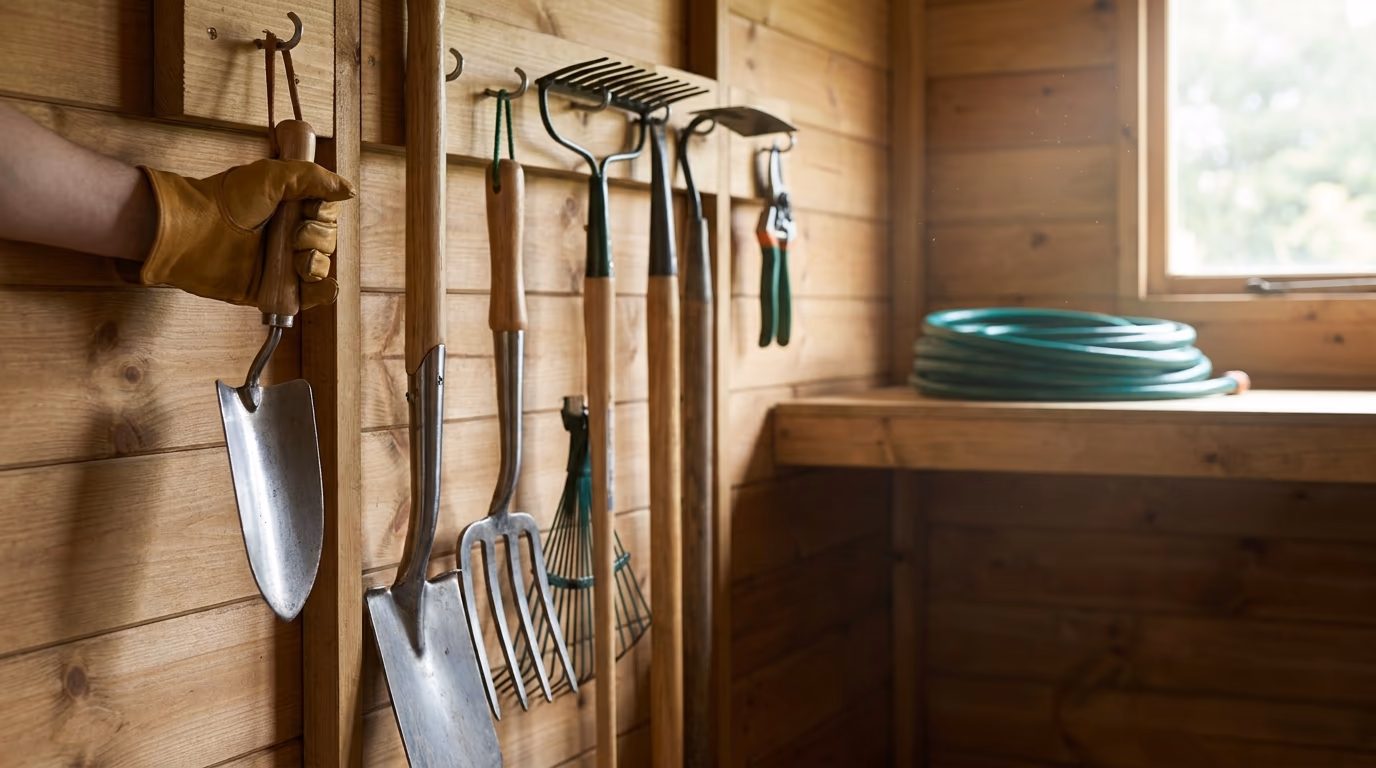 A tan leather glove gripping a wooden handle among garden tools hung on a timber shed wall