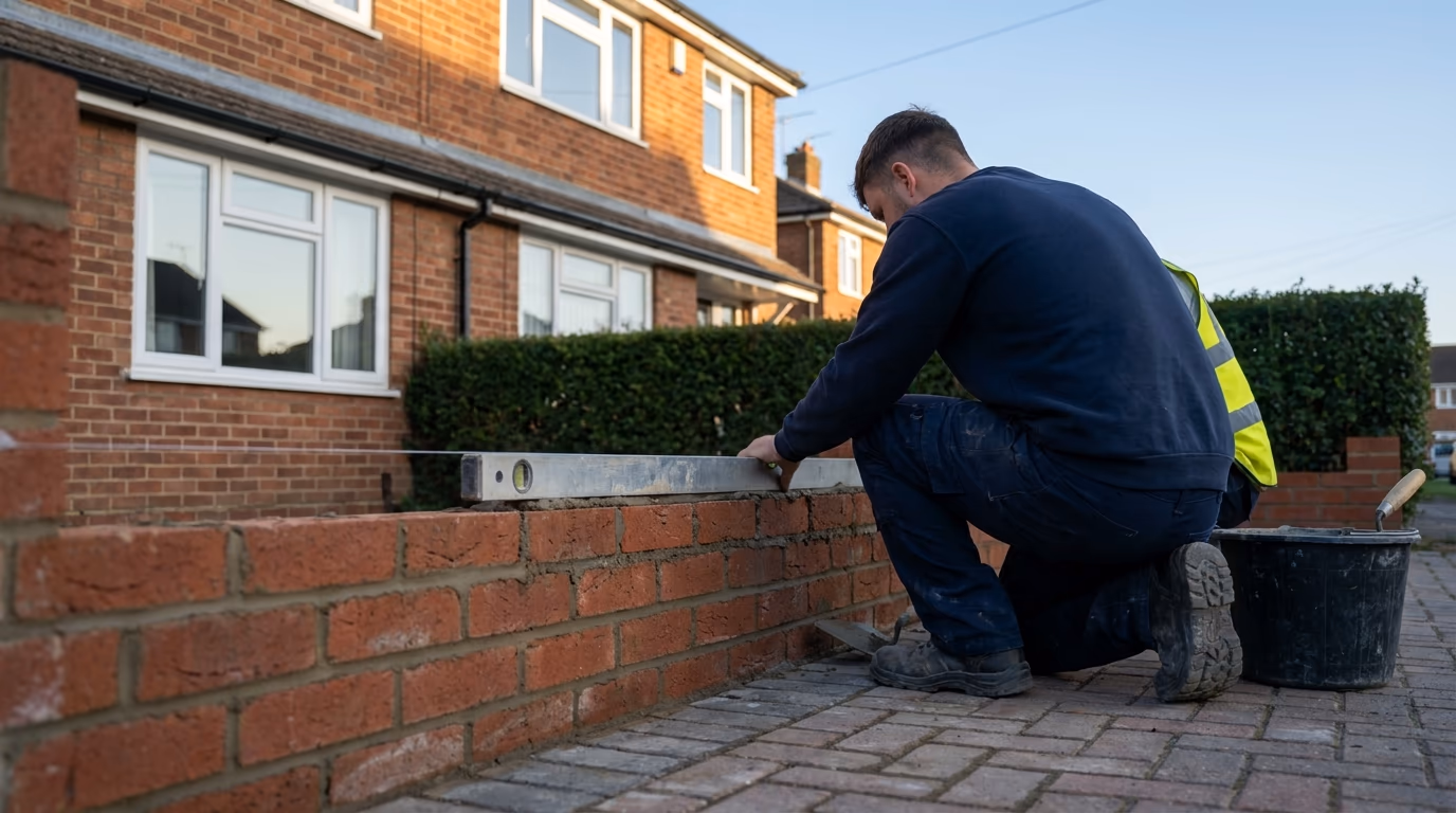 A kneeling man in navy and hi-vis resting a silver spirit level on a low red brick wall