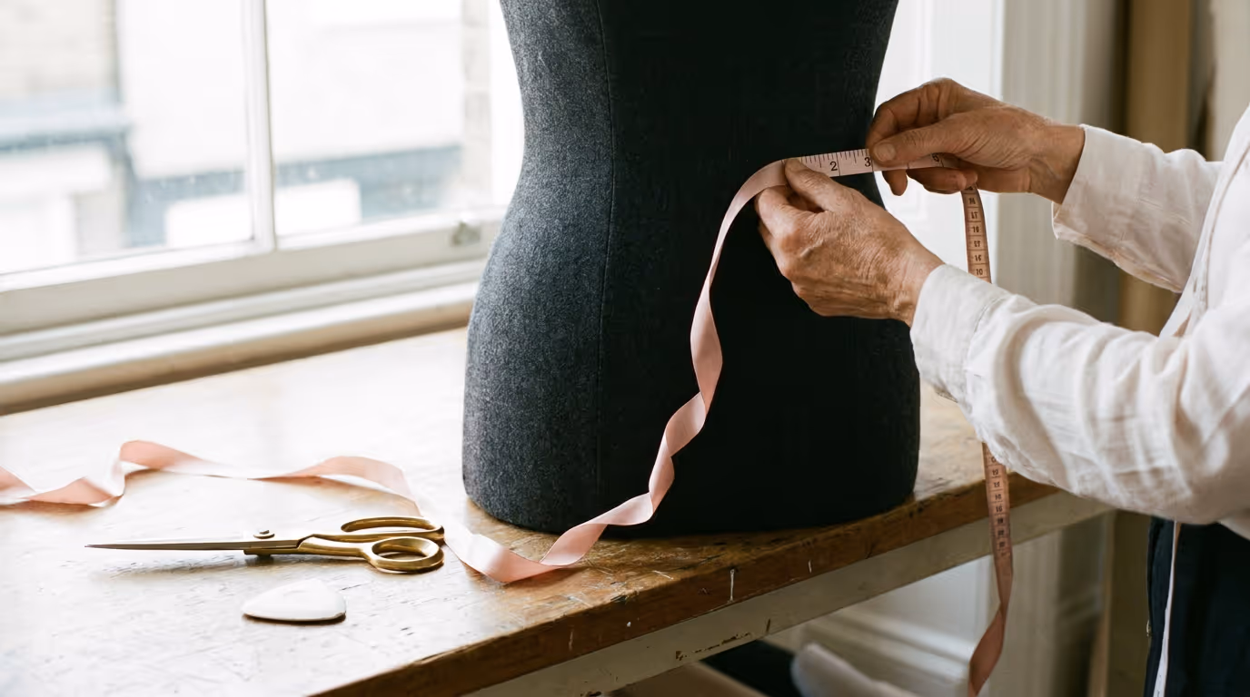 A tailor measuring a length of blush ribbon against a charcoal dress form