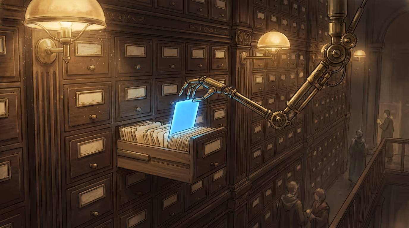A brass mechanical arm lifting one glowing blue card from a wall of library catalogue drawers