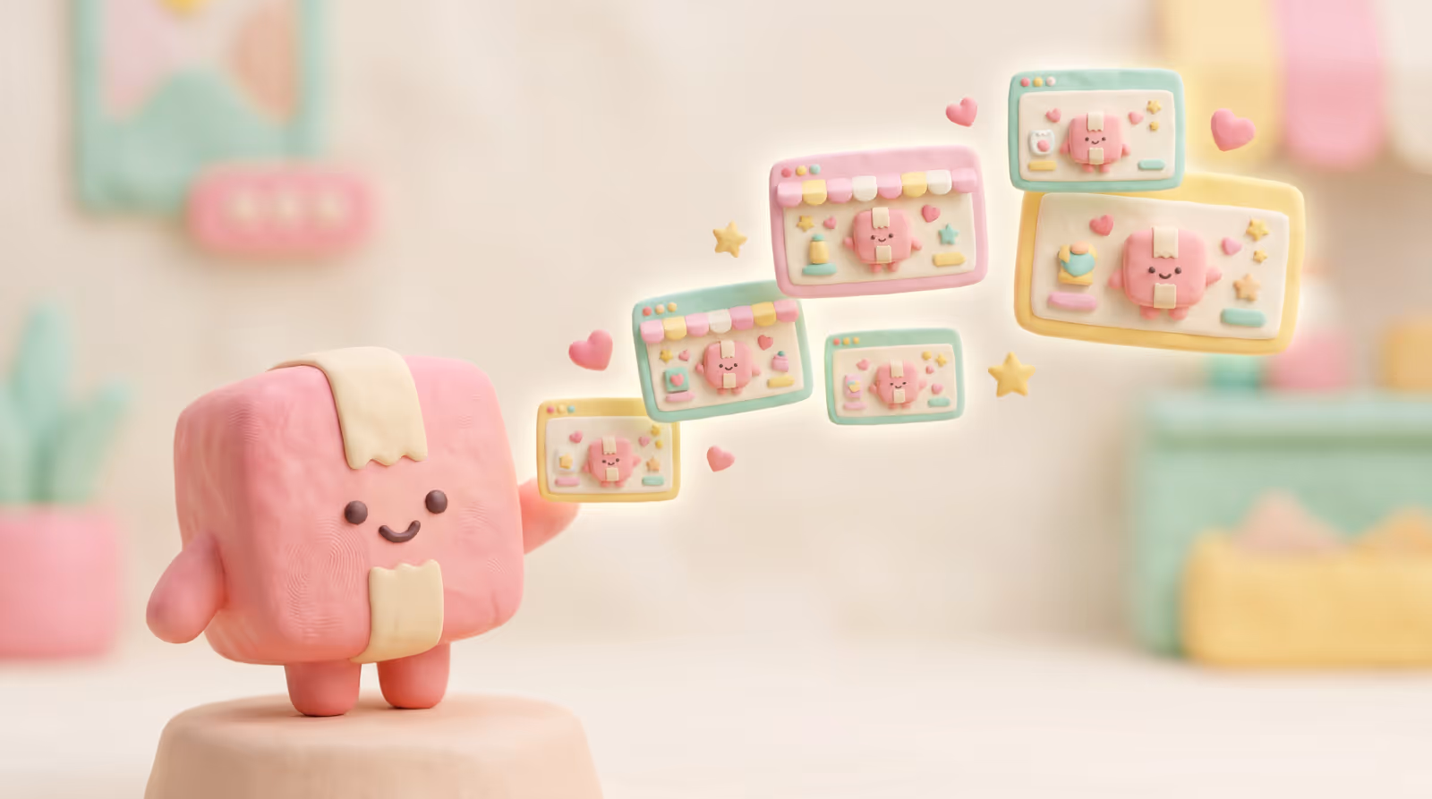 Soft clay model of a shop dispensing a stream of little product cards