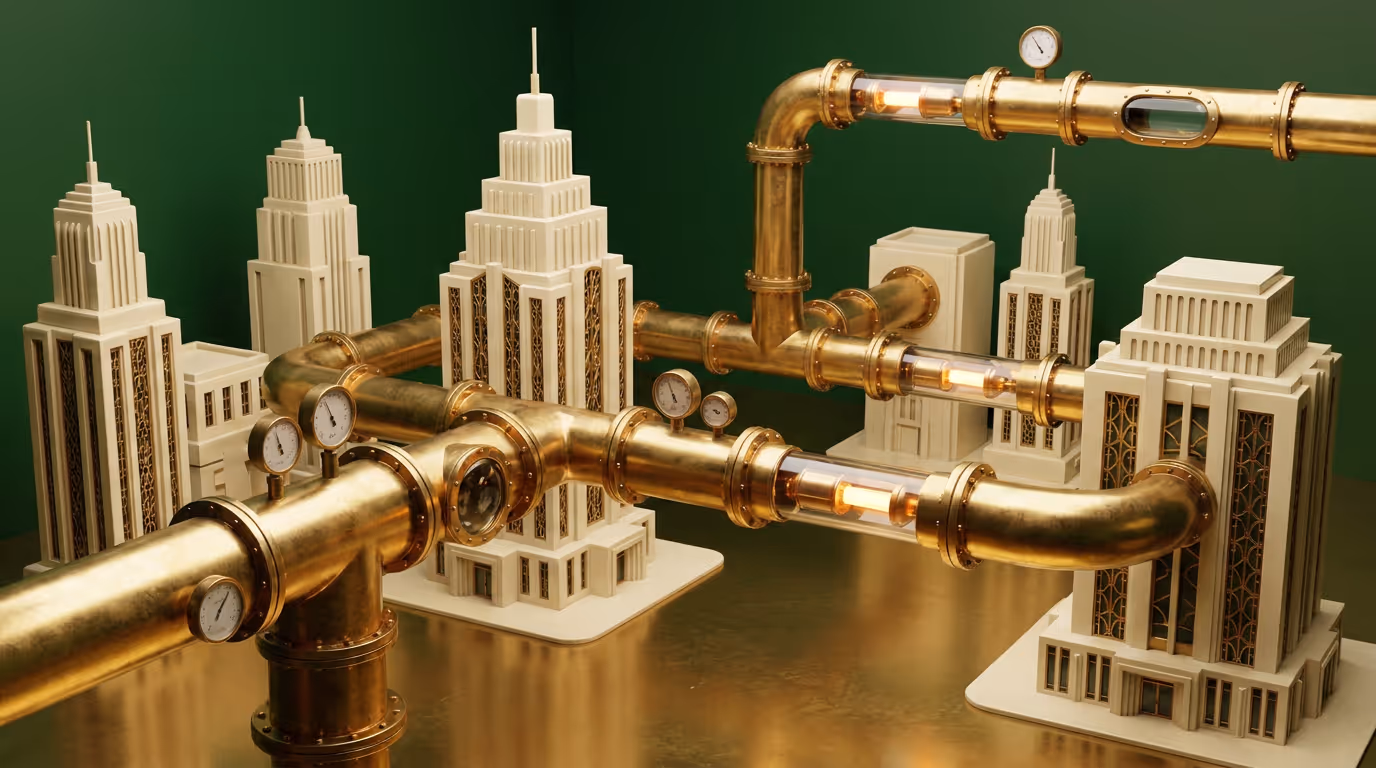 Brass pneumatic tubes linking miniature art deco buildings on a polished surface