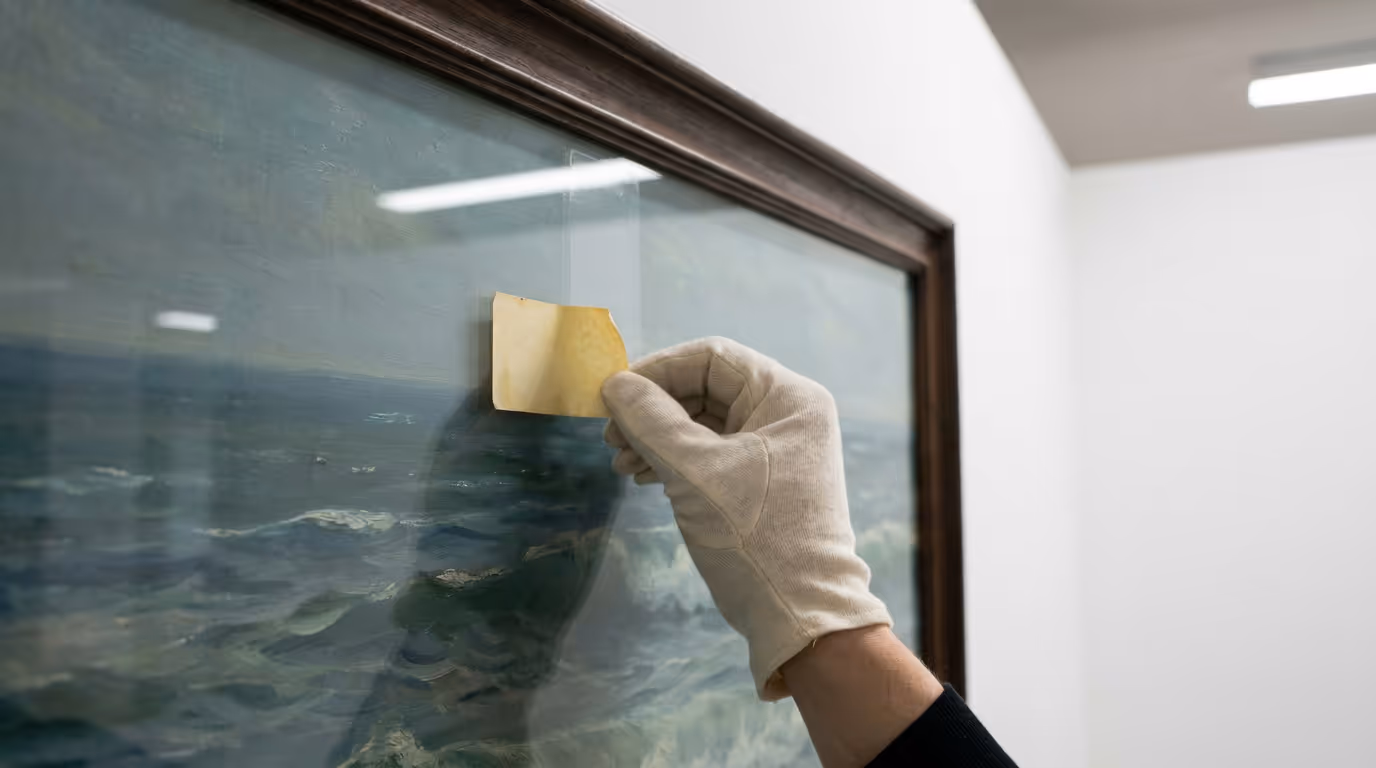 A gloved curator peeling a small yellow label off the glass of a framed seascape